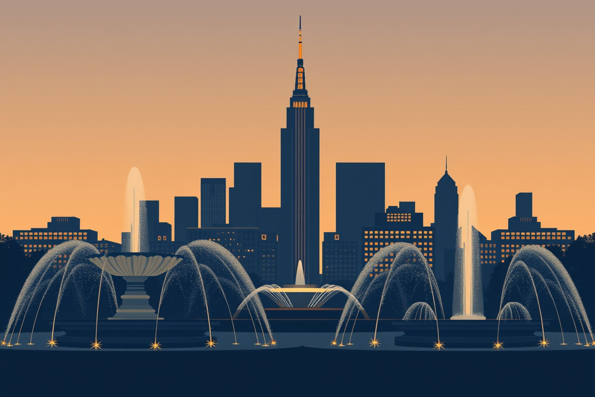 Flat illustration of a city skyline at dusk with large fountains in the foreground, in navy and gold